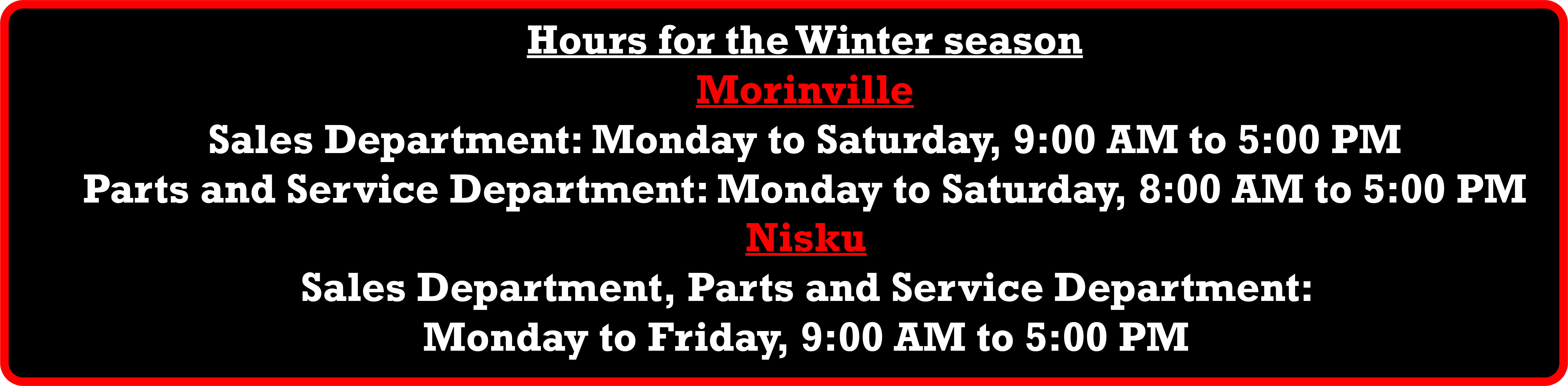 RV City Winter hours Both Locations